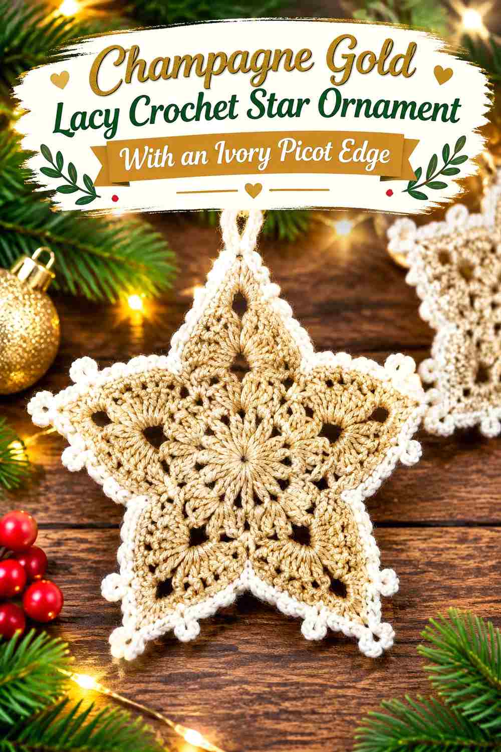10. Champagne Gold Lacy Crochet Star Ornament With An Ivory Picot Edge