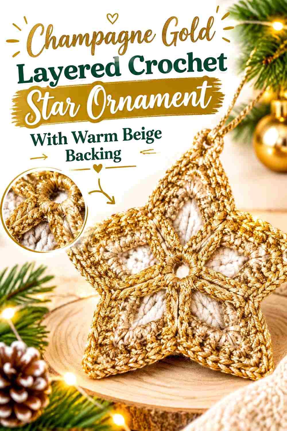 13. Champagne Gold Layered Crochet Star Ornament With Warm Beige Backing
