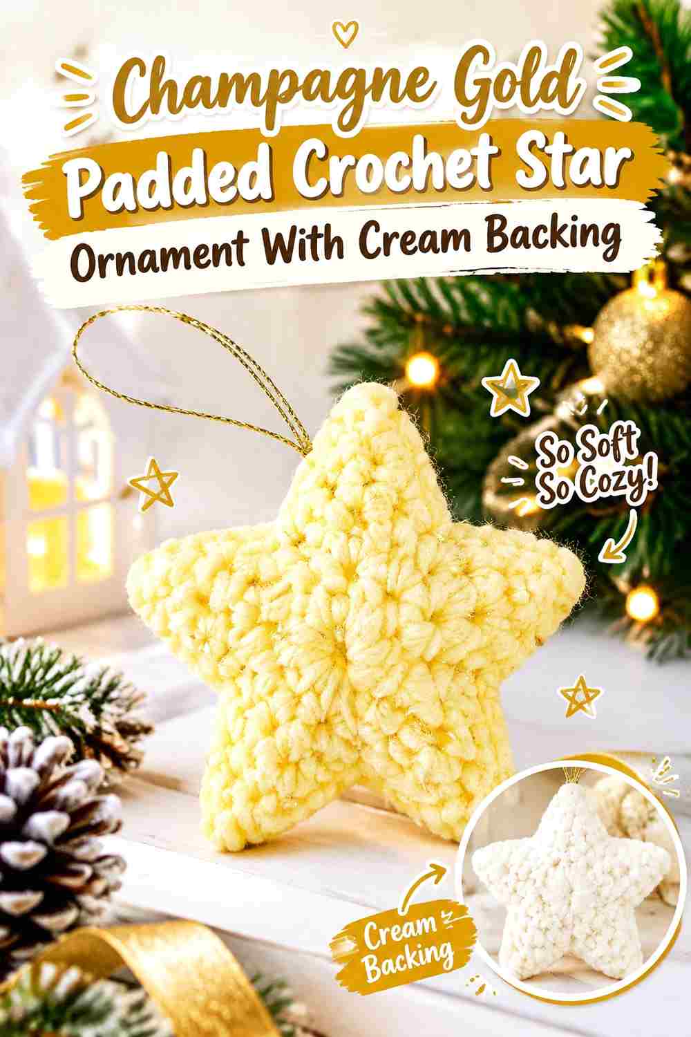 3. Champagne Gold Padded Crochet Star Ornament With Cream Backing
