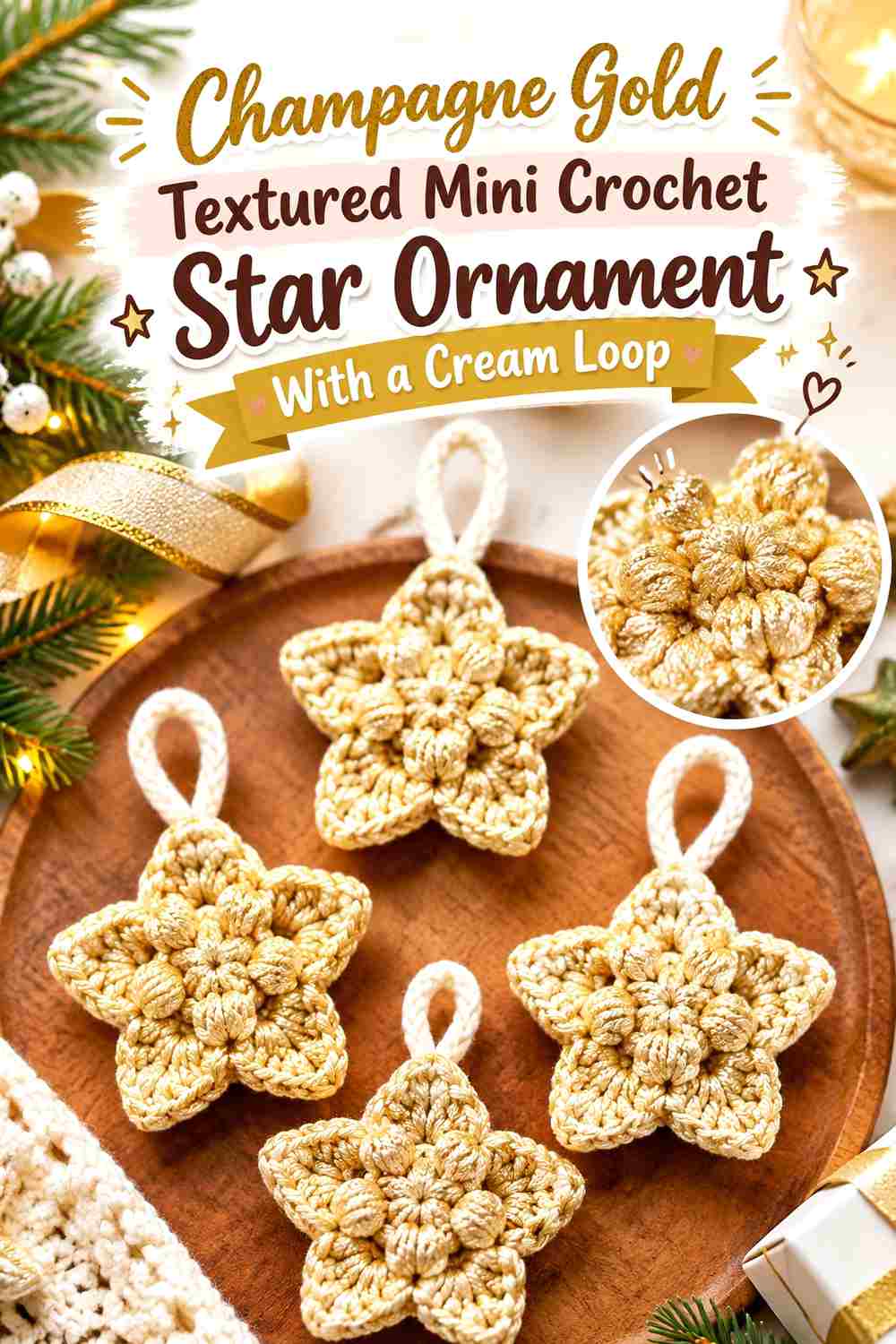 9. Champagne Gold Textured Mini Crochet Star Ornament With A Cream Loop