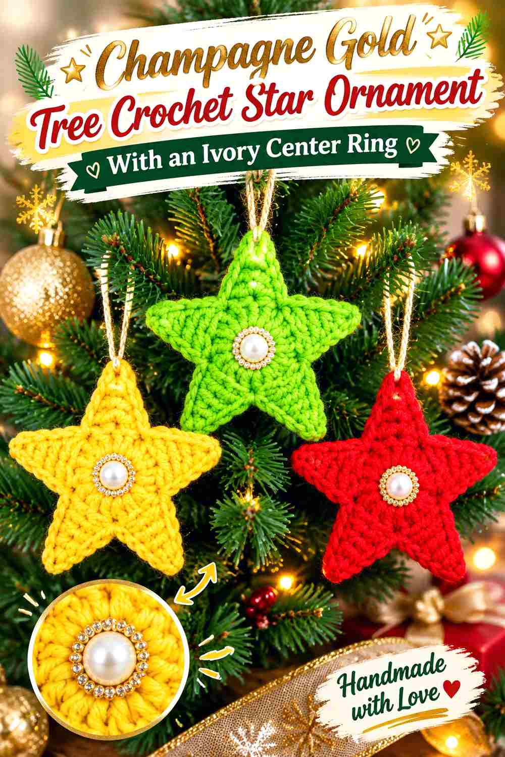7. Champagne Gold Tree Crochet Star Ornament With An Ivory Center Ring
