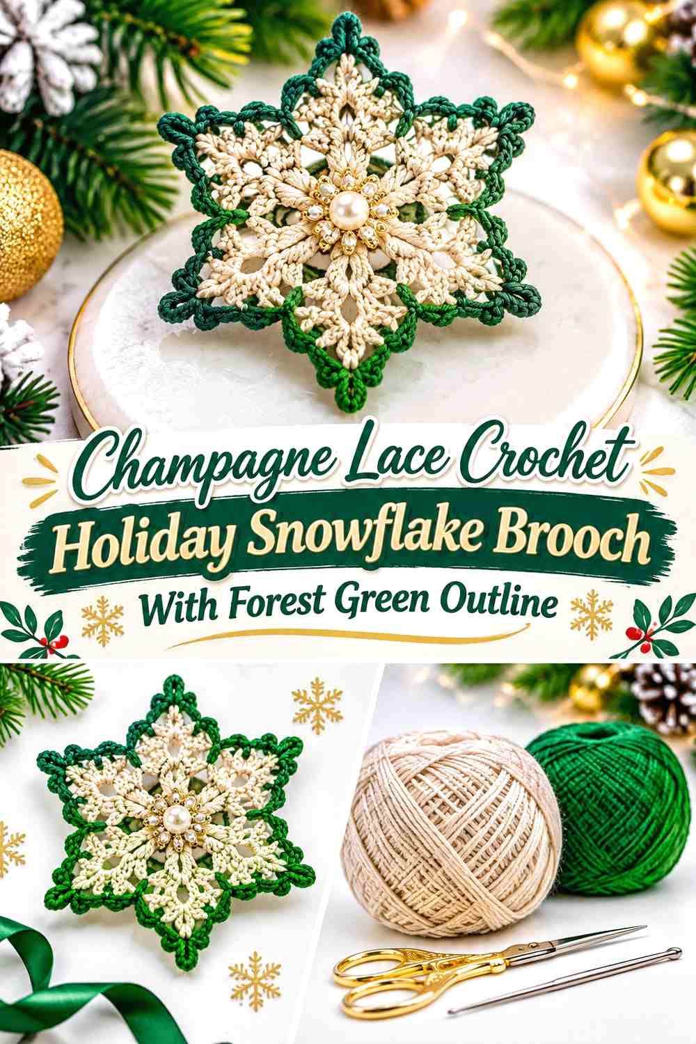 Champagne Lace Crochet Holiday Snowflake Brooch With Forest Green Outline