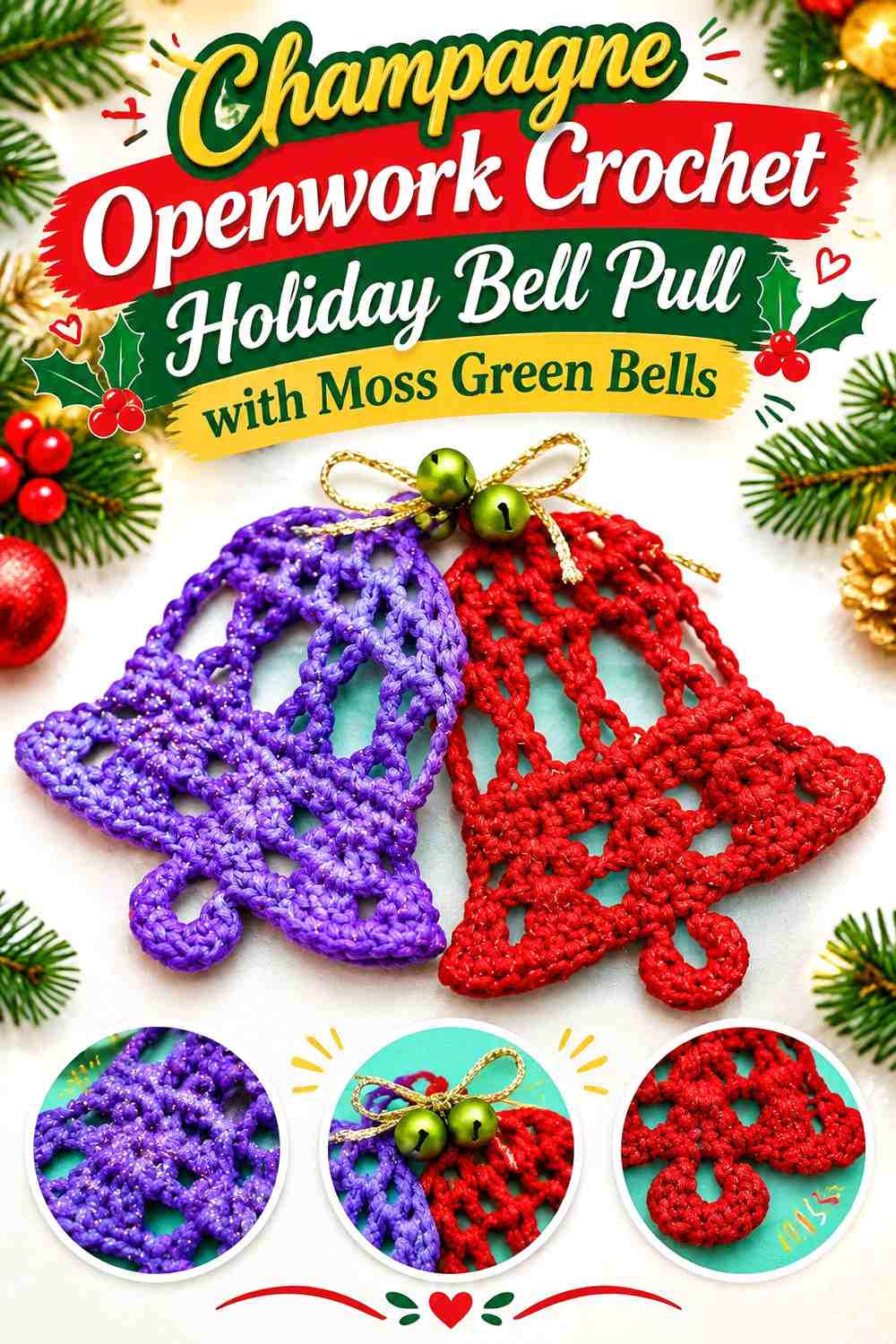 5. Champagne Openwork Crochet Holiday Bell Pull With Moss Green Bells