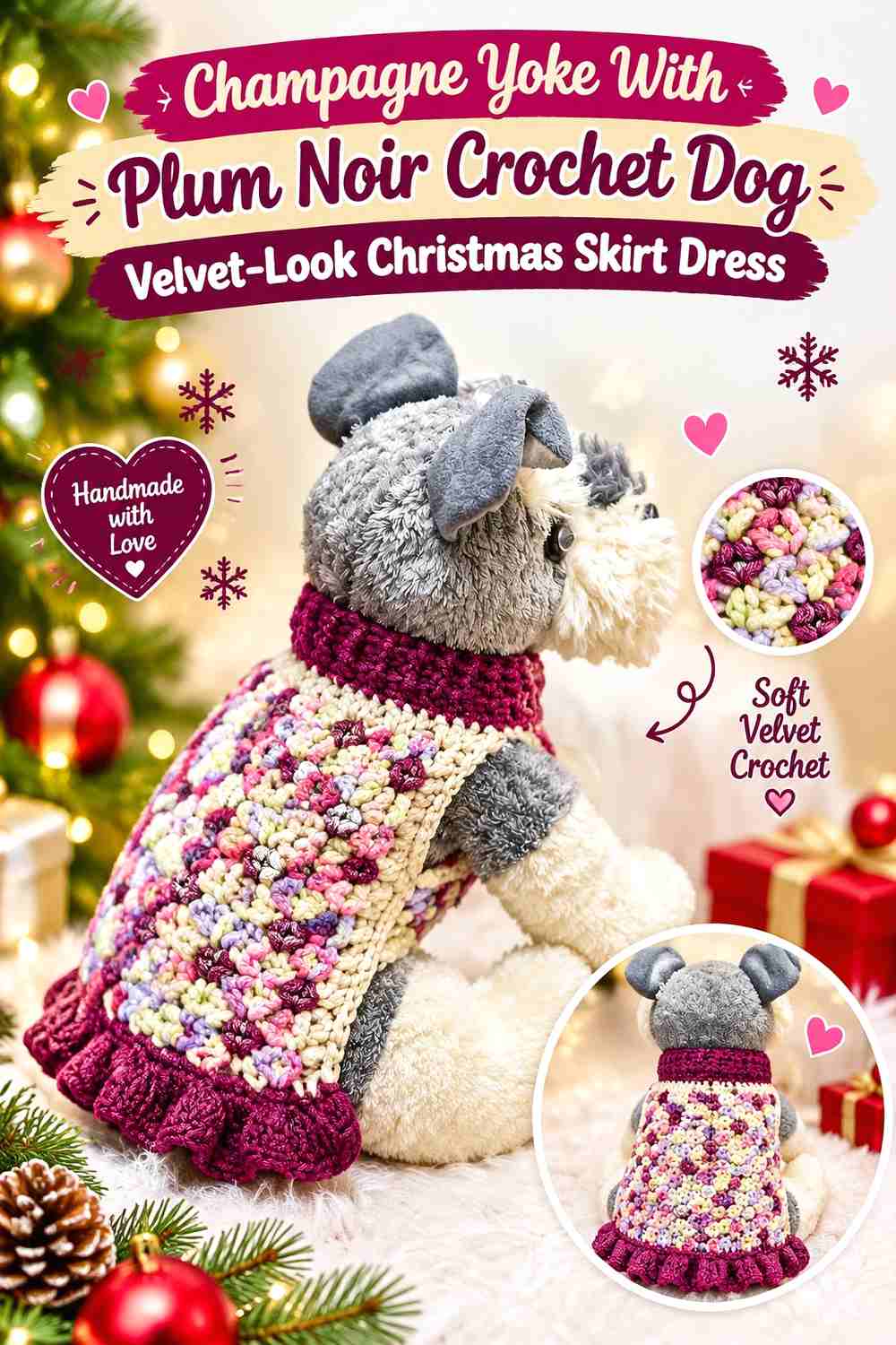 Champagne Yoke With Plum Noir Crochet Dog Velvet-Look Christmas Skirt Dress