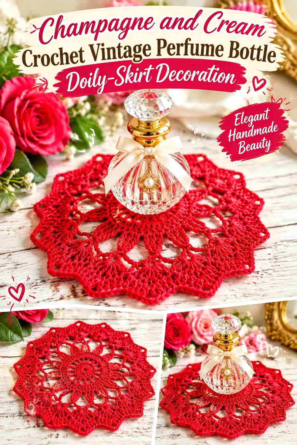 Champagne and Cream Crochet Vintage Perfume Bottle Doily-Skirt Decoration