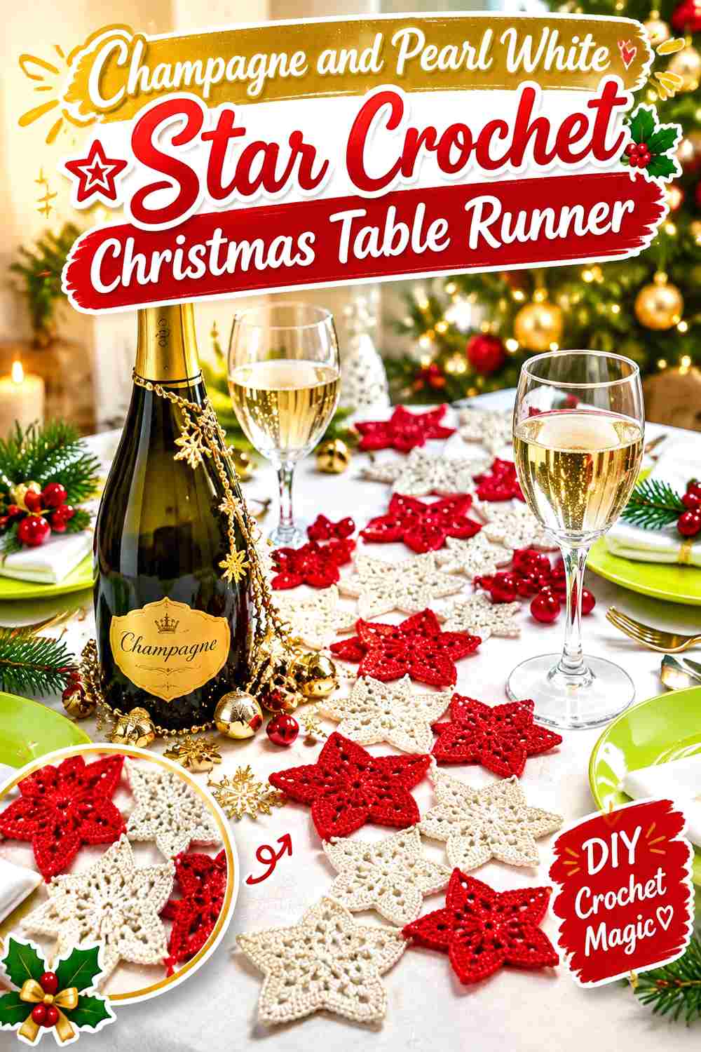 3. Champagne And Pearl White Star Crochet Christmas Table Runner