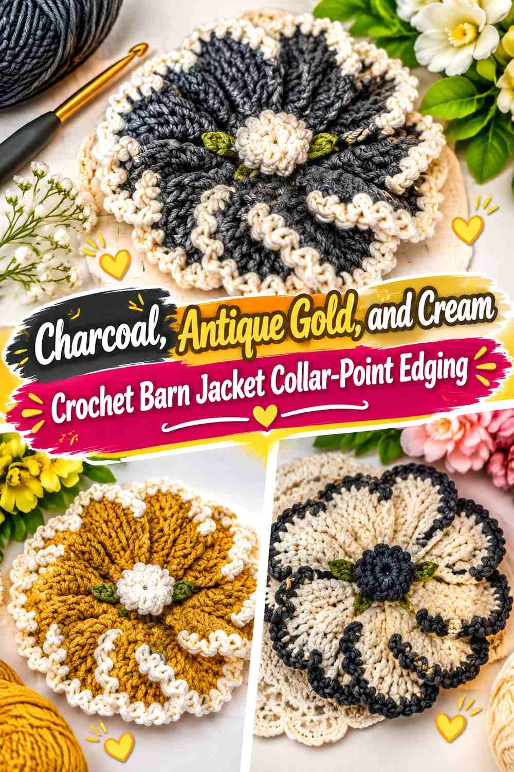 Charcoal, Antique Gold, and Cream Crochet Barn Jacket Collar-Point Edging