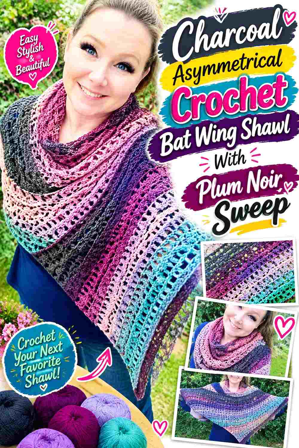 12. Charcoal Asymmetrical Crochet Bat Wing Shawl With Plum Noir Sweep