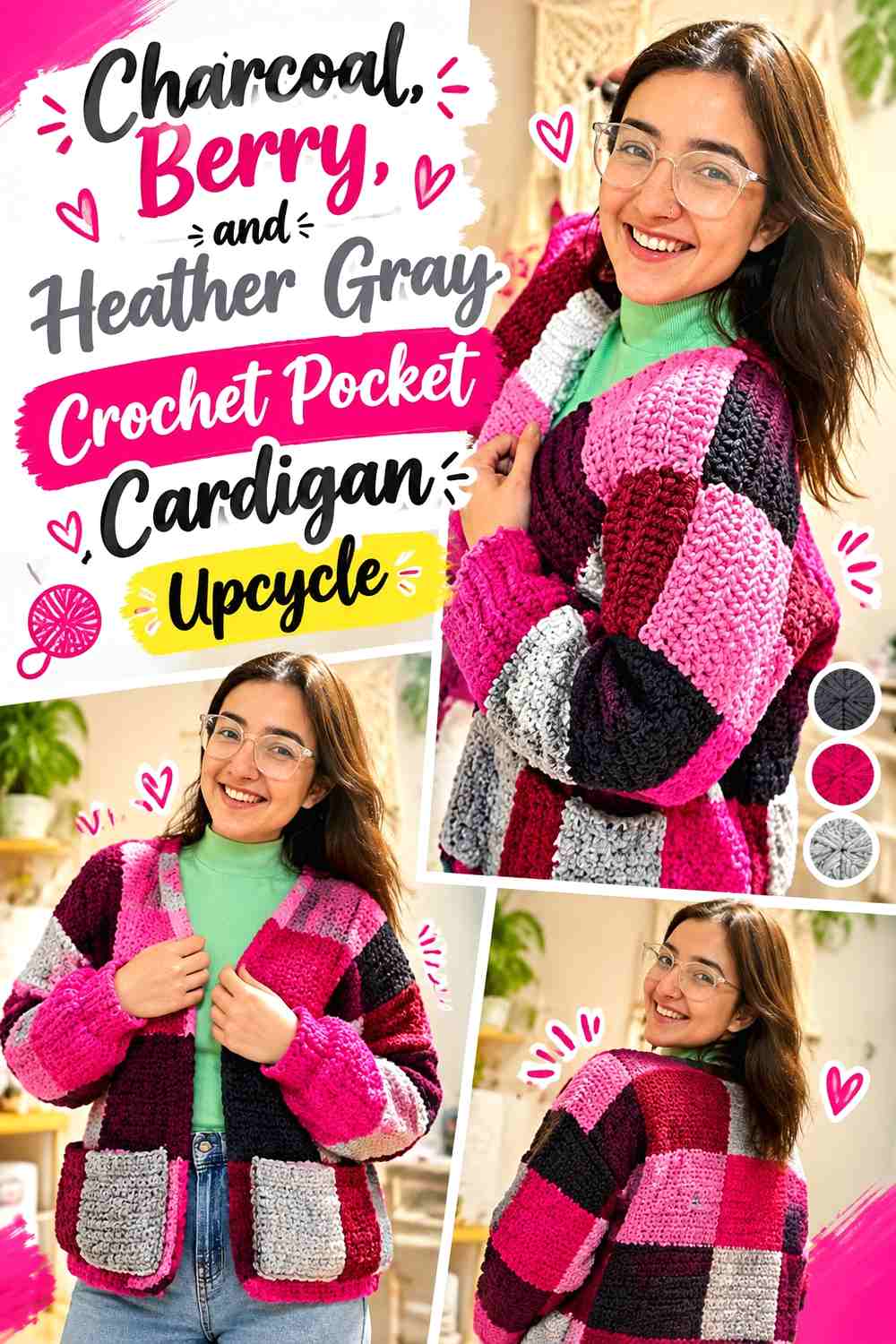 Charcoal, Berry, and Heather Gray Crochet Pocket Cardigan Upcycle