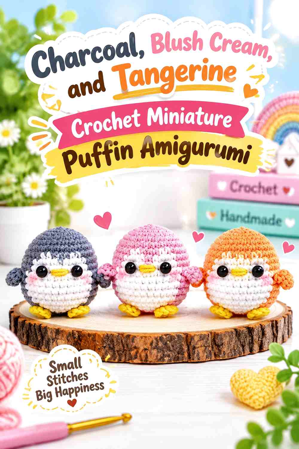 Charcoal, Blush Cream, and Tangerine Crochet Miniature Puffin Amigurumi