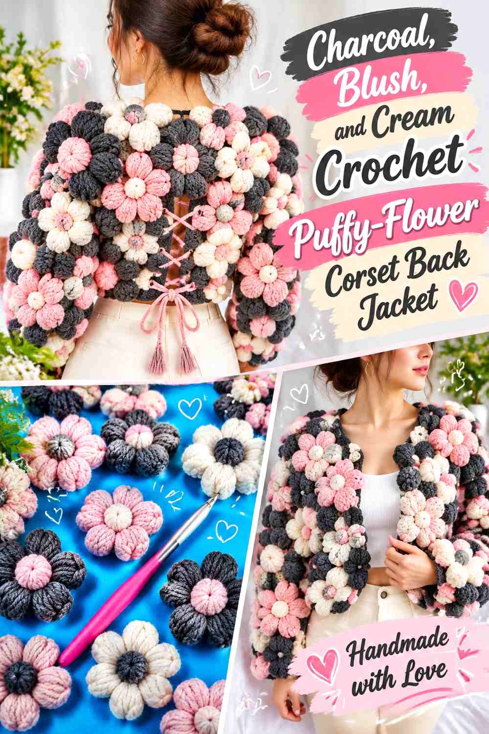 Charcoal, Blush, and Cream Crochet Puffy-Flower Corset Back Jacket