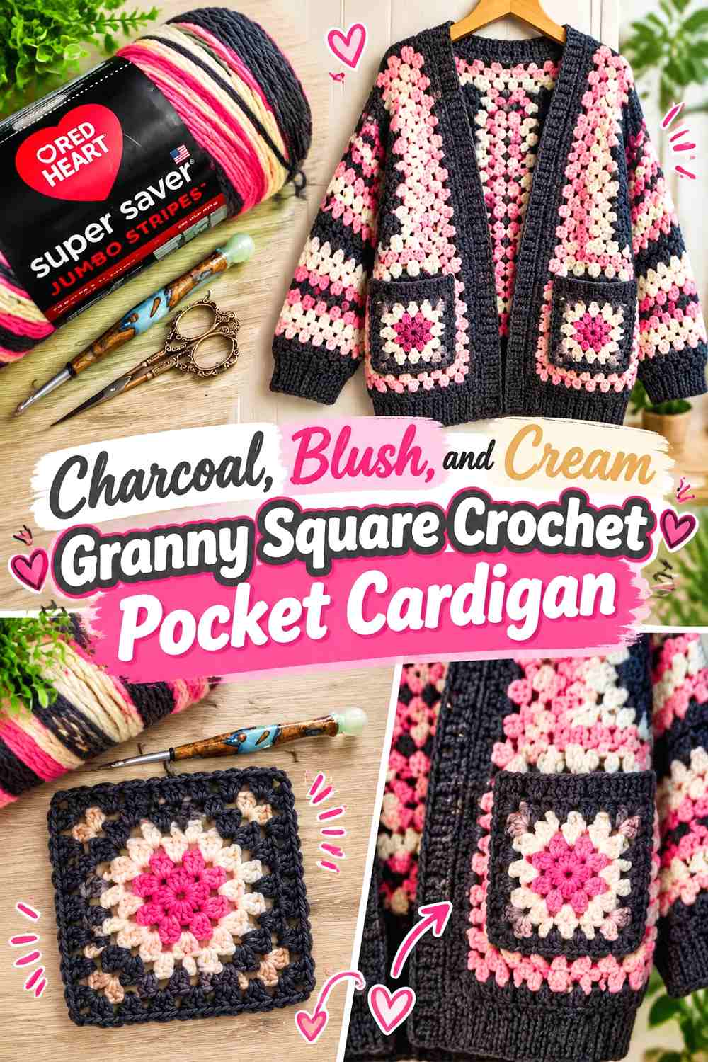Charcoal, Blush, and Cream Granny Square Crochet Pocket Cardigan