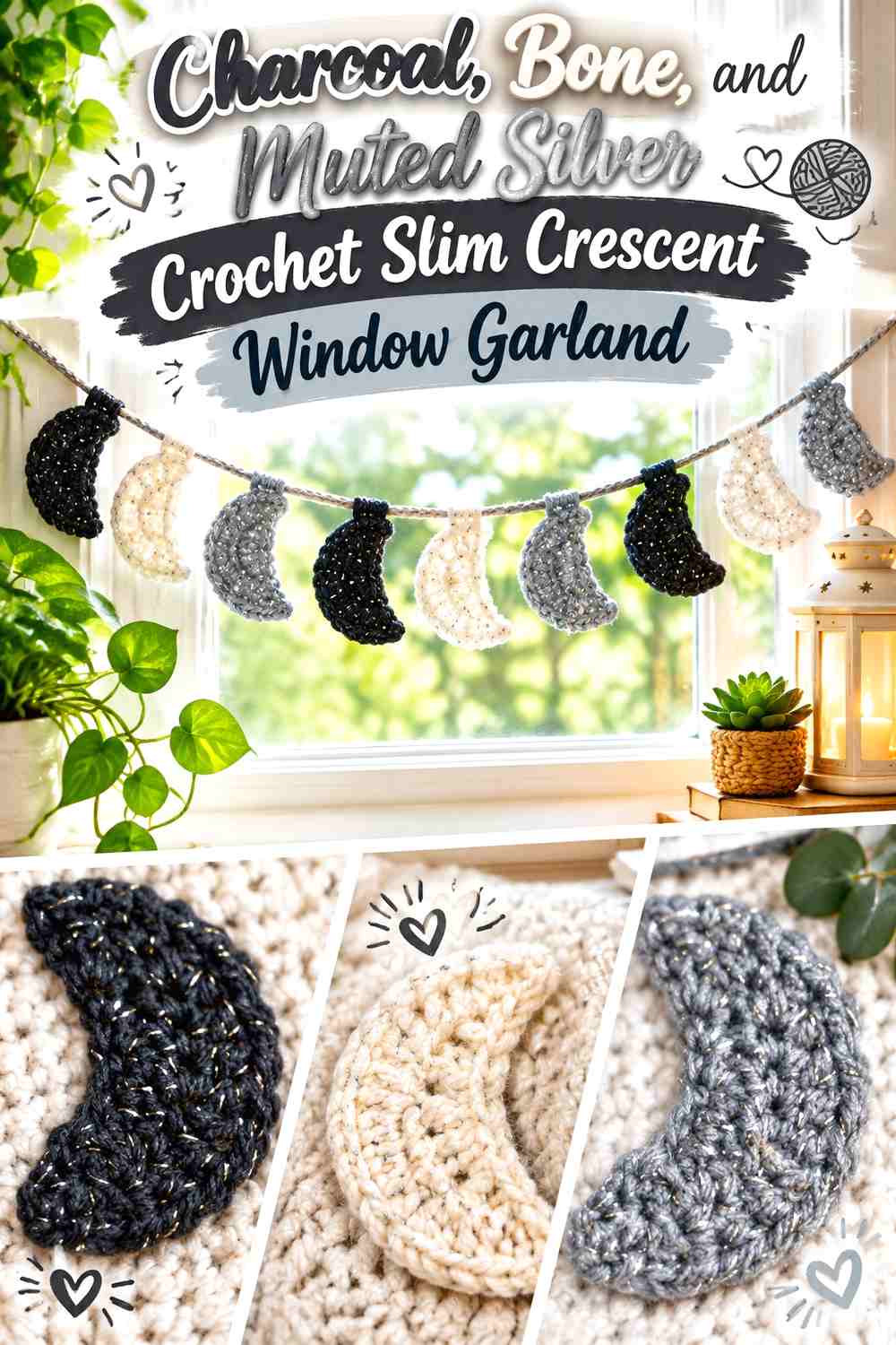 Charcoal, Bone, and Muted Silver Crochet Slim Crescent Window Garland