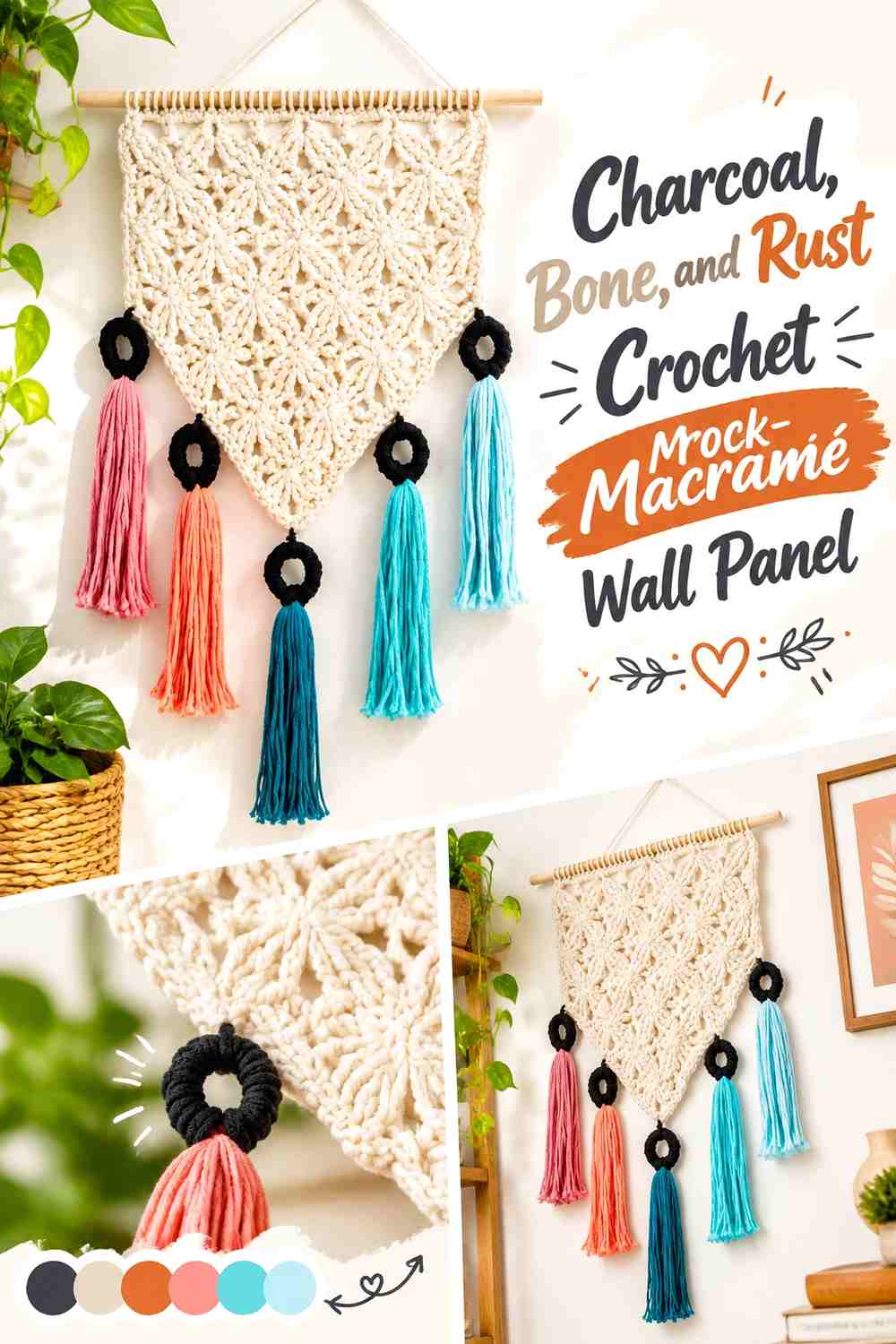 Charcoal, Bone, and Rust Crochet Mock-Macramé Wall Panel