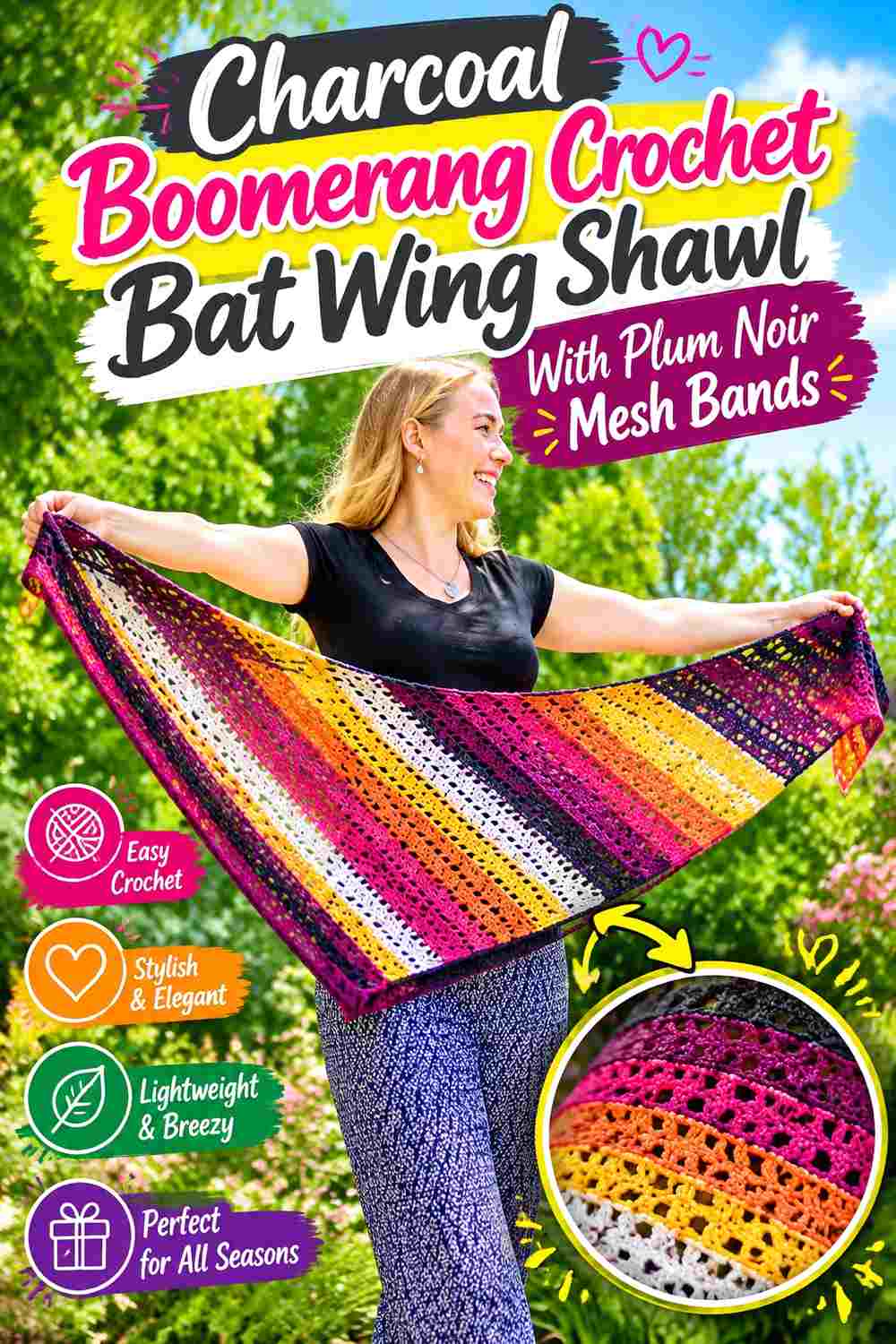 14. Charcoal Boomerang Crochet Bat Wing Shawl With Plum Noir Mesh Bands