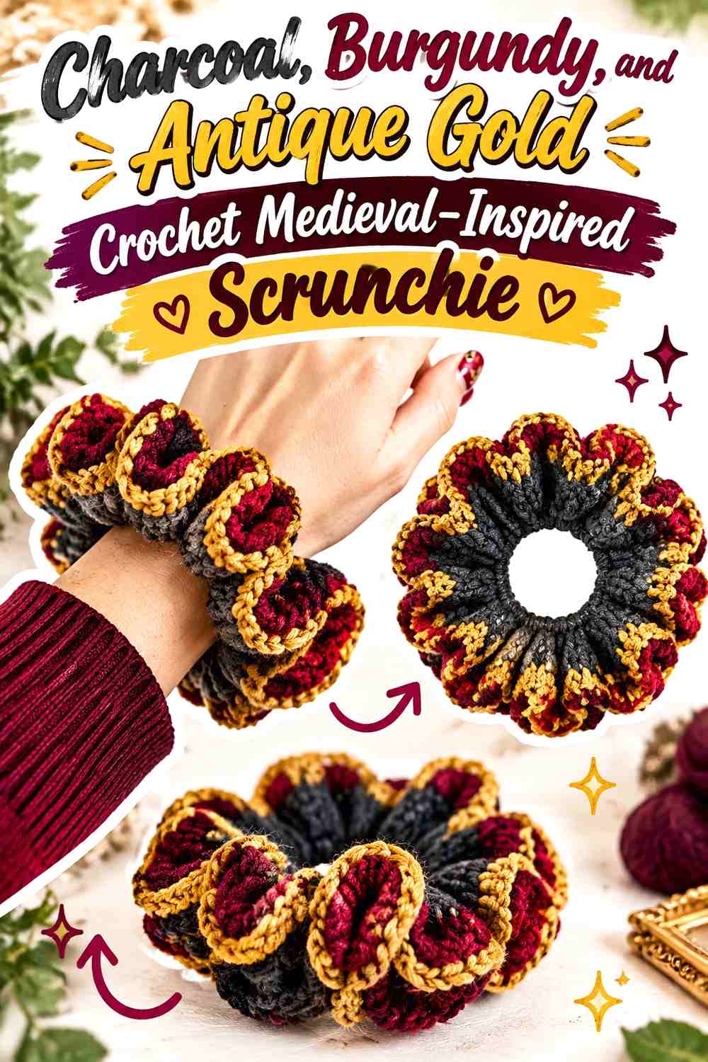 Charcoal, Burgundy, and Antique Gold Crochet Medieval-Inspired Scrunchie