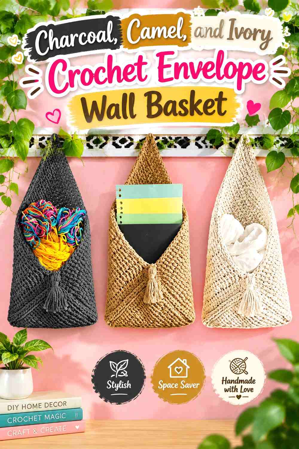 Charcoal, Camel, and Ivory Crochet Envelope Wall Basket
