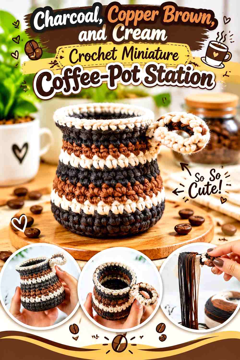 Charcoal, Copper Brown, and Cream Crochet Miniature Coffee-Pot Station