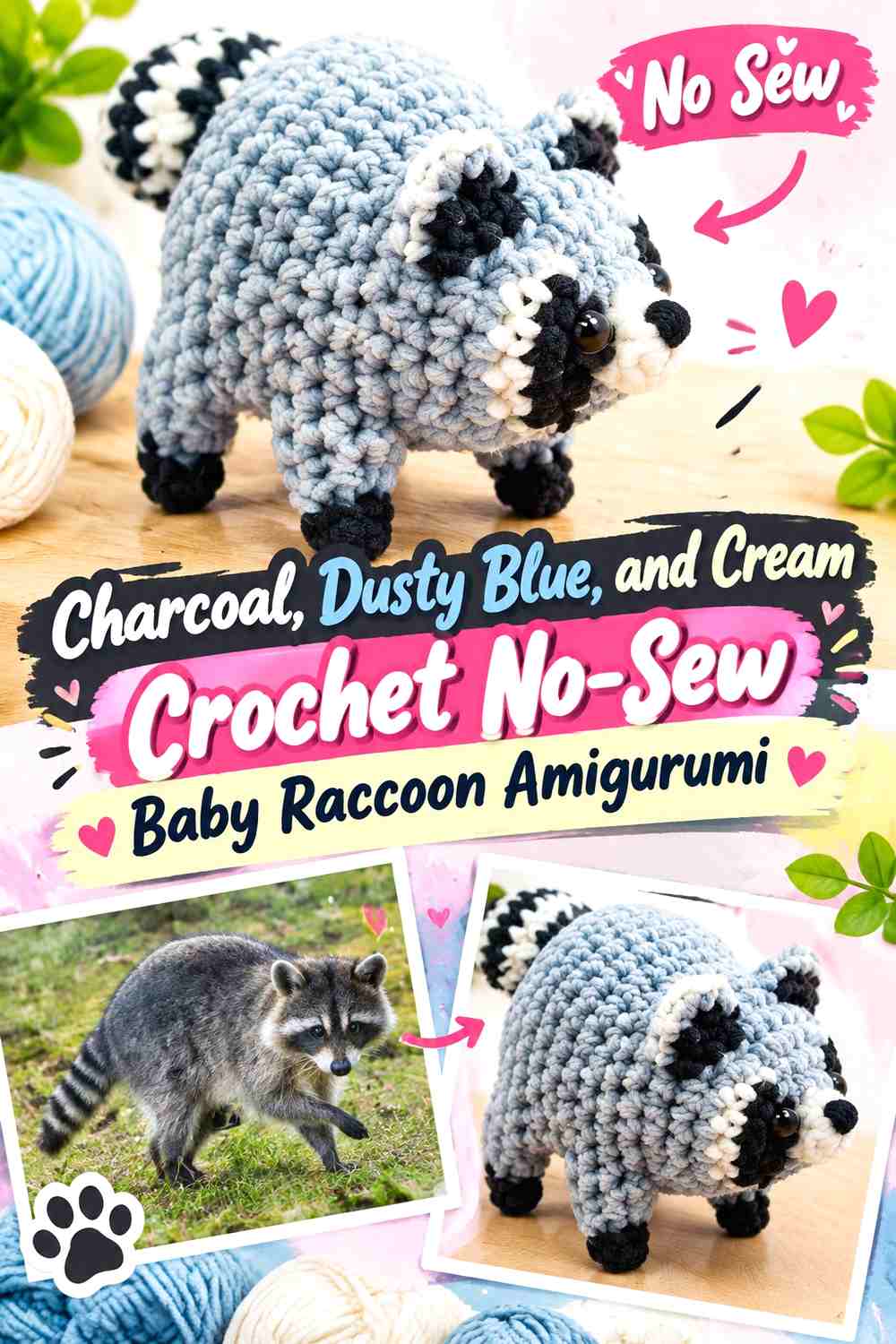 Charcoal, Dusty Blue, and Cream Crochet No-Sew Baby Raccoon Amigurumi