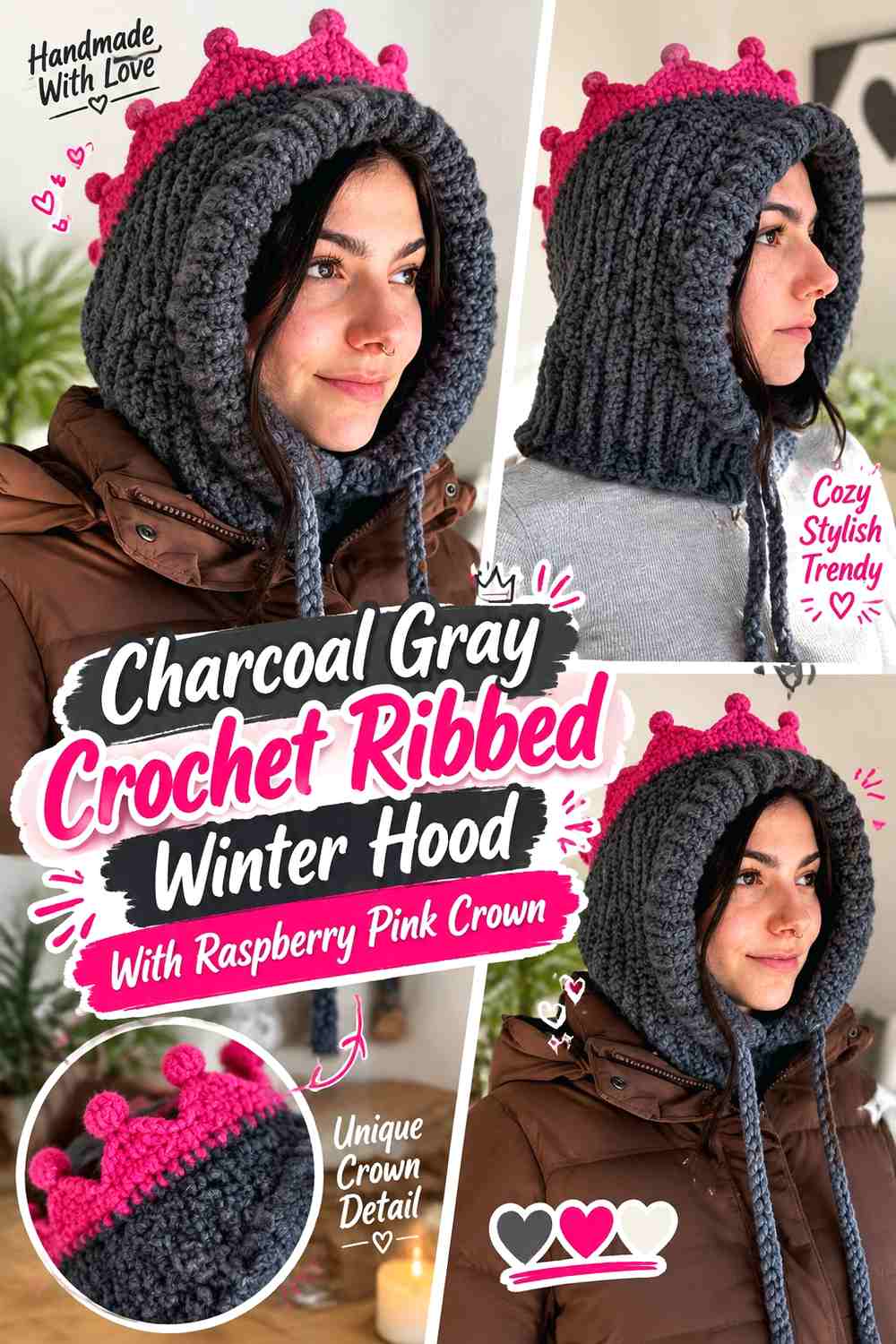 Charcoal Gray Crochet Ribbed Winter Hood With Raspberry Pink Crown