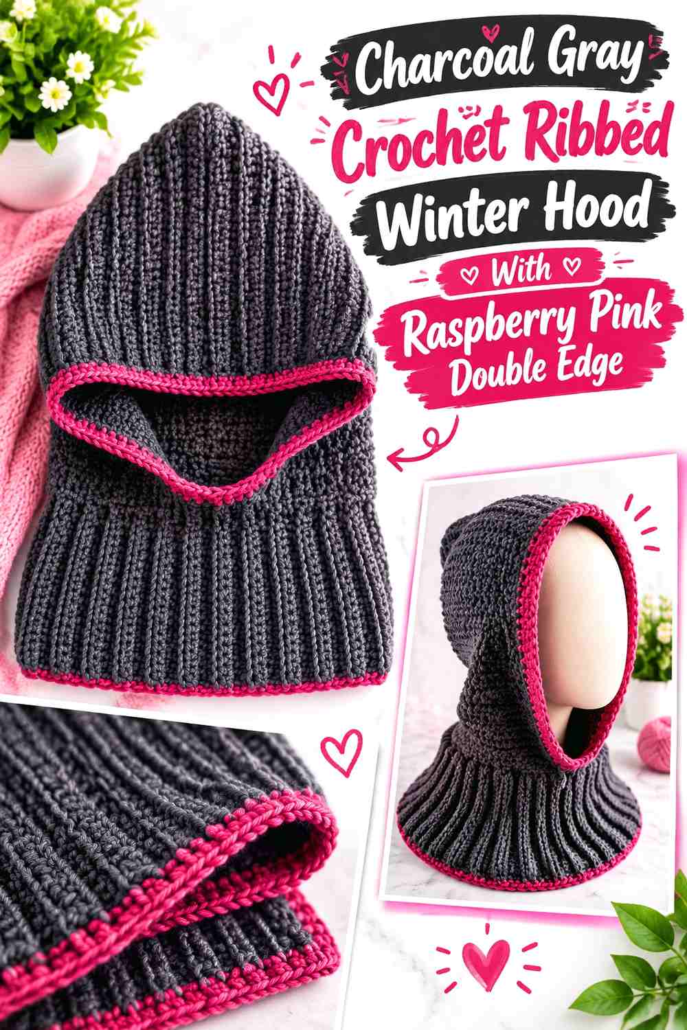 Charcoal Gray Crochet Ribbed Winter Hood With Raspberry Pink Double Edge
