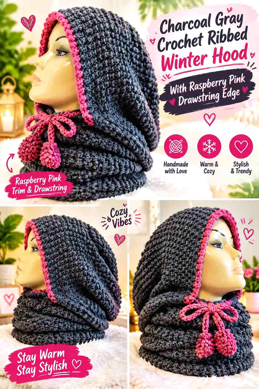Charcoal Gray Crochet Ribbed Winter Hood With Raspberry Pink Drawstring Edge