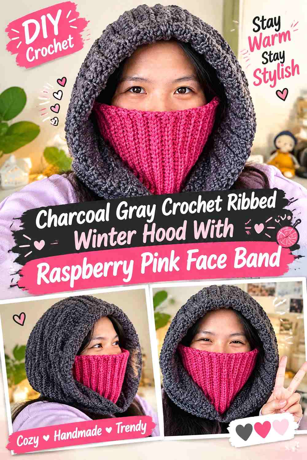 Charcoal Gray Crochet Ribbed Winter Hood With Raspberry Pink Face Band