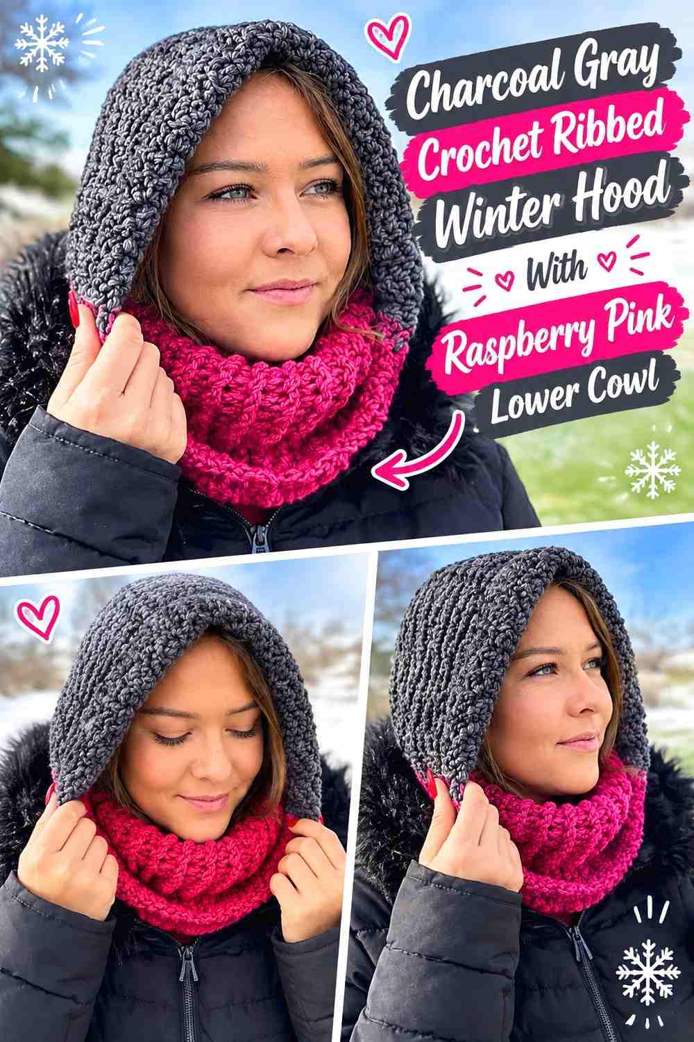 Charcoal Gray Crochet Ribbed Winter Hood With Raspberry Pink Lower Cowl