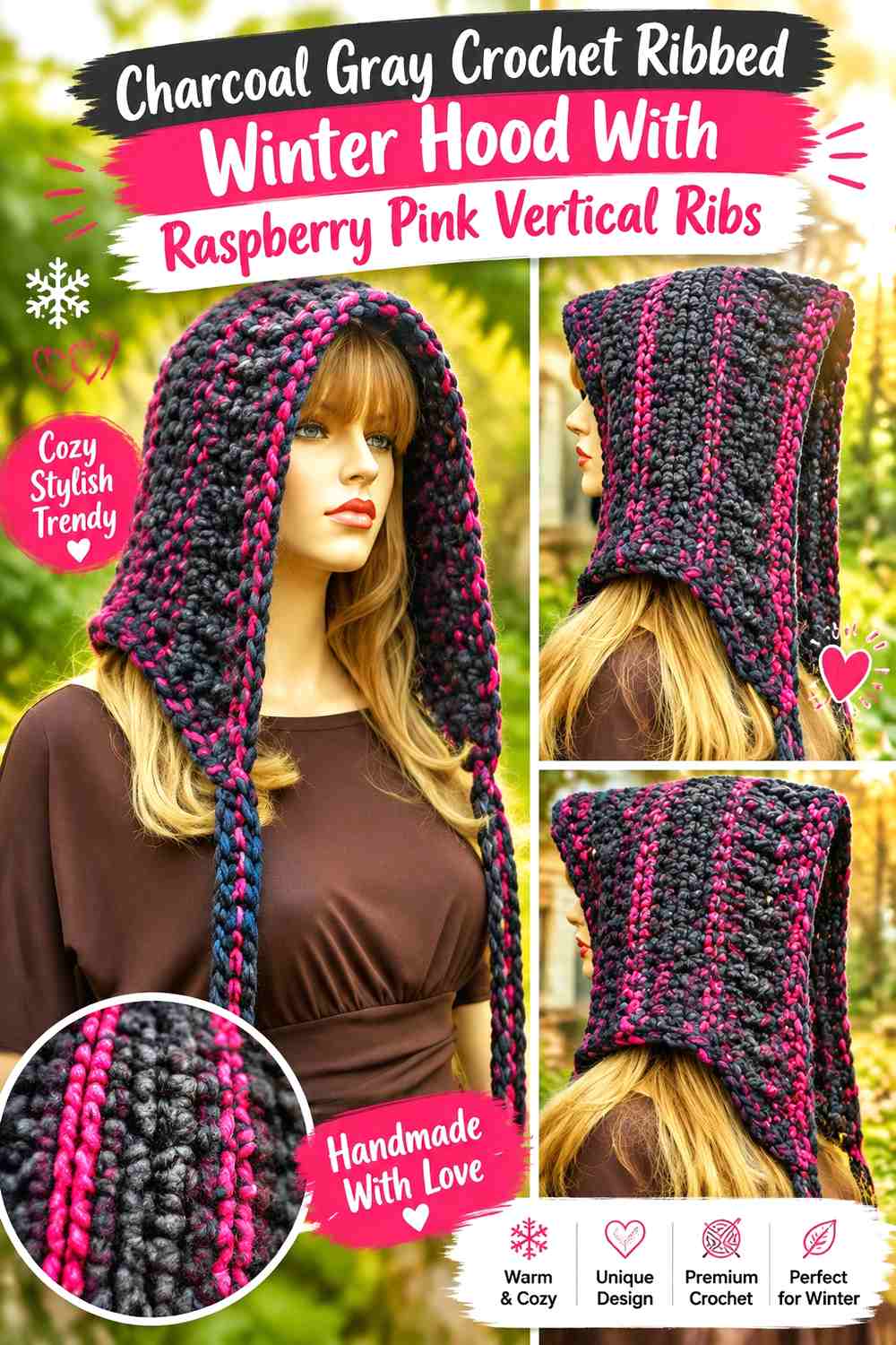 Charcoal Gray Crochet Ribbed Winter Hood With Raspberry Pink Vertical Ribs