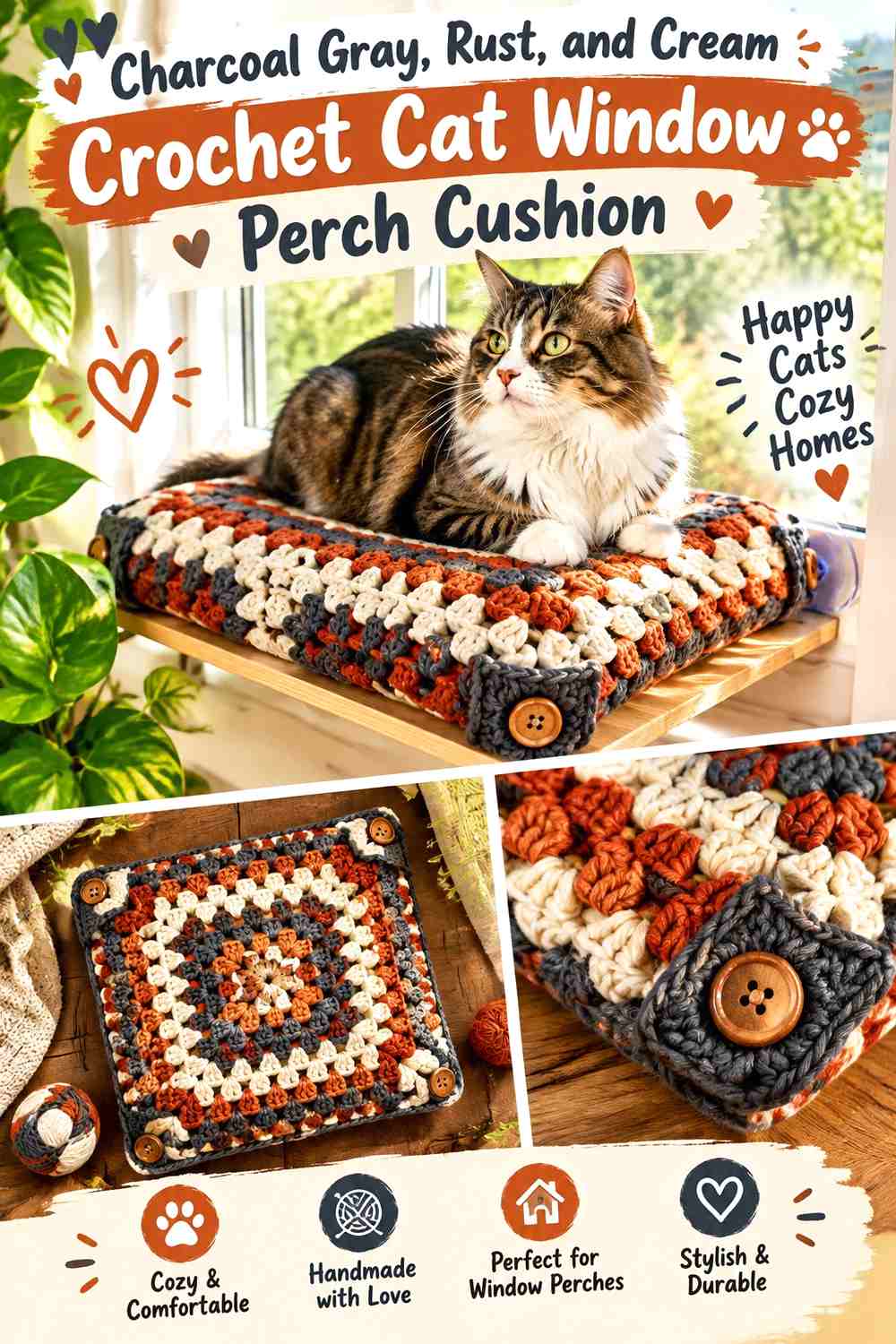 Charcoal Gray, Rust, and Cream Crochet Cat Window Perch Cushion
