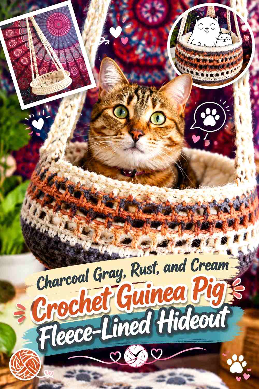 Charcoal Gray, Rust, and Cream Crochet Guinea Pig Fleece-Lined Hideout
