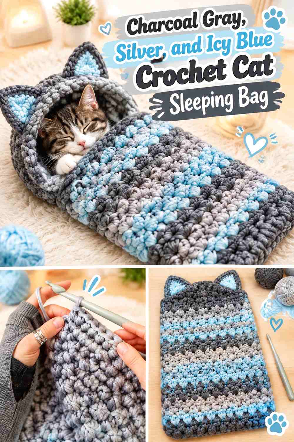 Charcoal Gray, Silver, and Icy Blue Crochet Cat Sleeping Bag