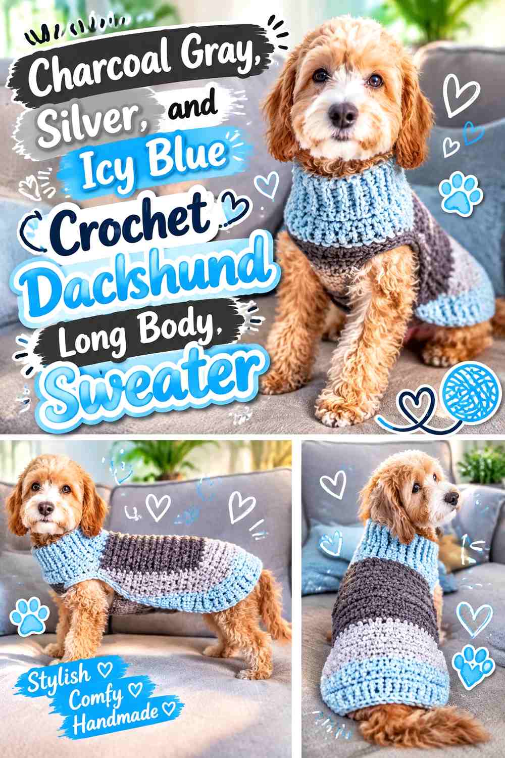 Charcoal Gray, Silver, and Icy Blue Crochet Dachshund Long Body Sweater