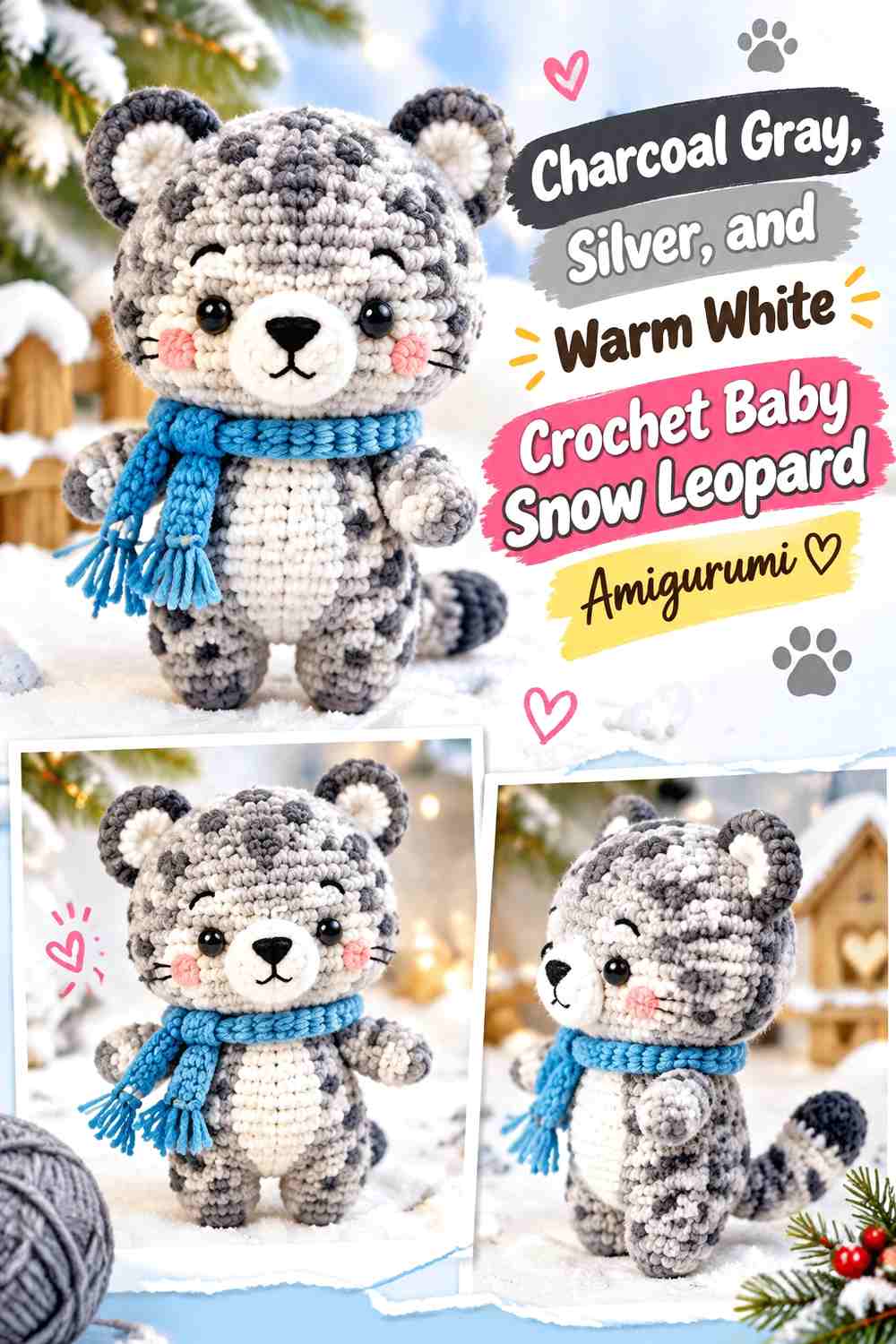 Charcoal Gray, Silver, and Warm White Crochet Baby Snow Leopard Amigurumi