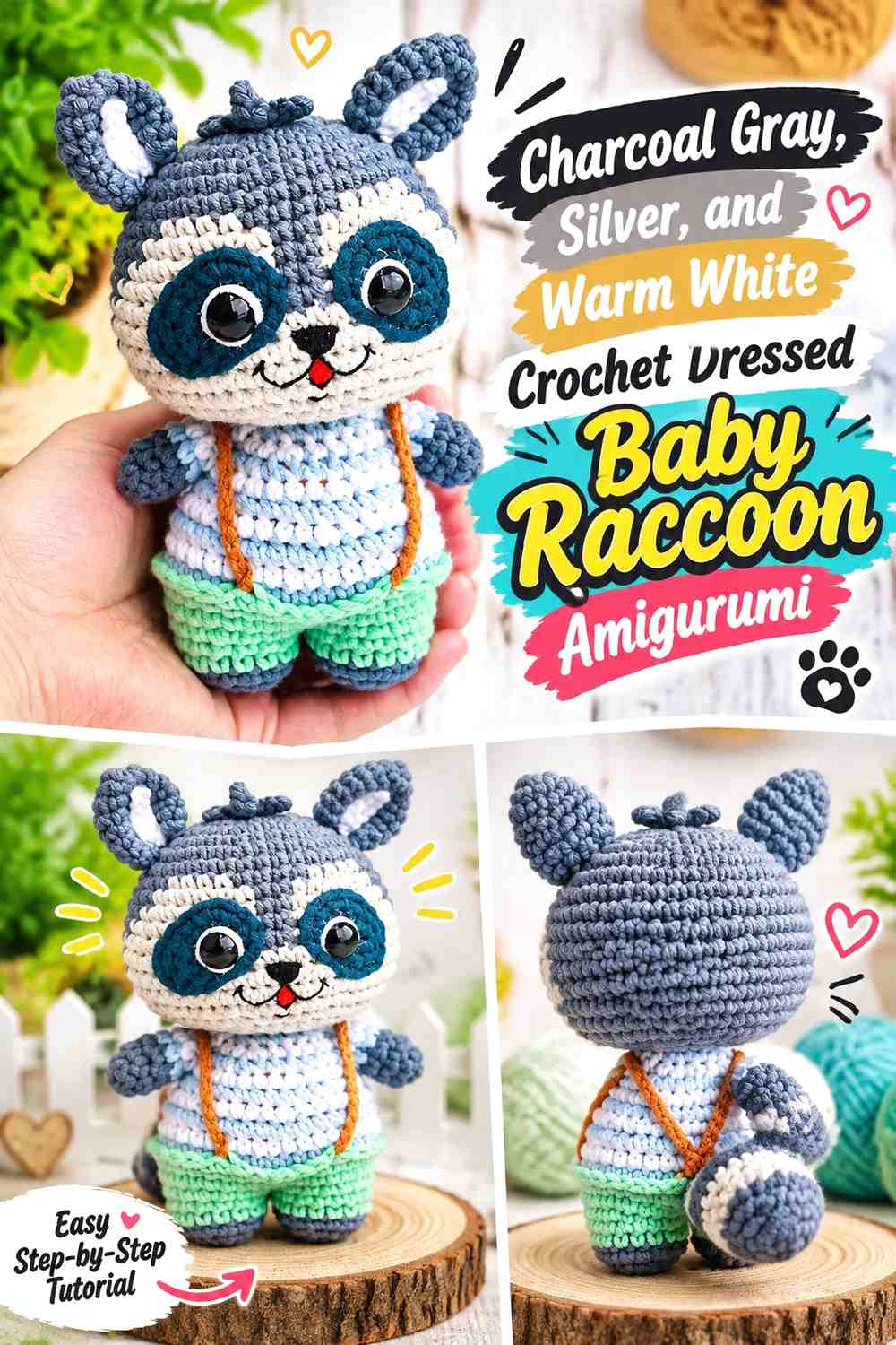 Charcoal Gray, Silver, and Warm White Crochet Dressed Baby Raccoon Amigurumi