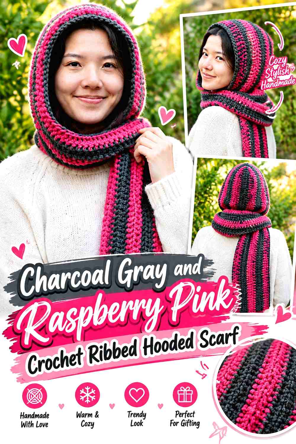 Charcoal Gray and Raspberry Pink Crochet Ribbed Hooded Scarf
