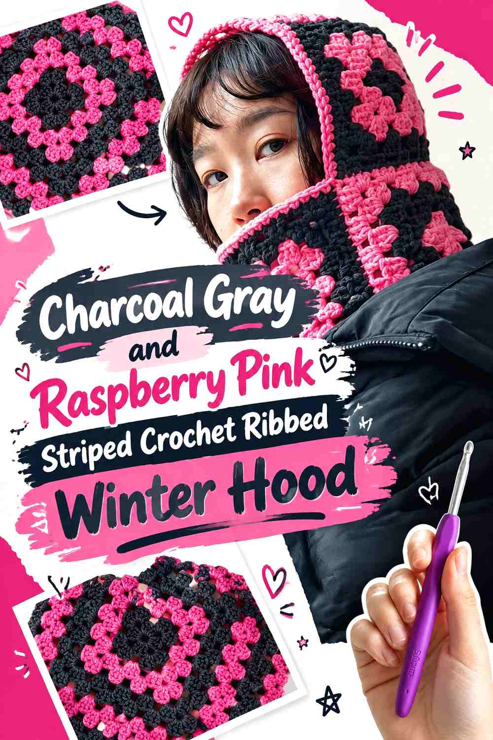 Charcoal Gray and Raspberry Pink Striped Crochet Ribbed Winter Hood