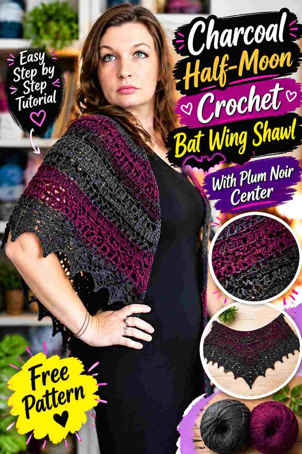 8. Charcoal Half Moon Crochet Bat Wing Shawl With Plum Noir Center