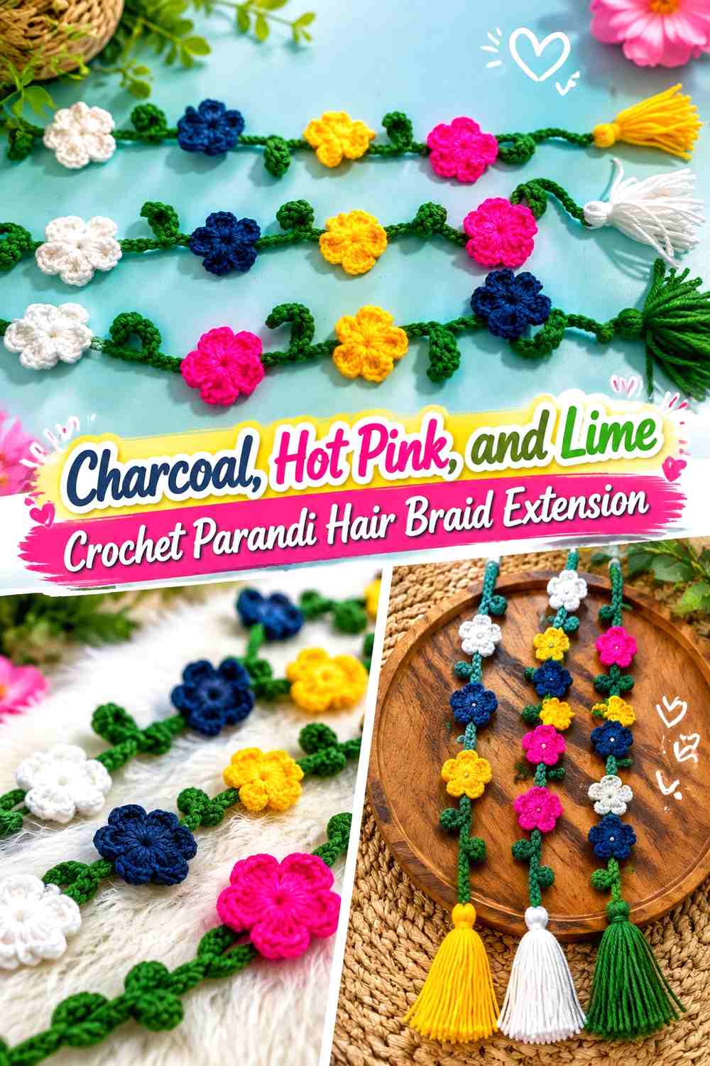 Charcoal, Hot Pink, and Lime Crochet Parandi Hair Braid Extension