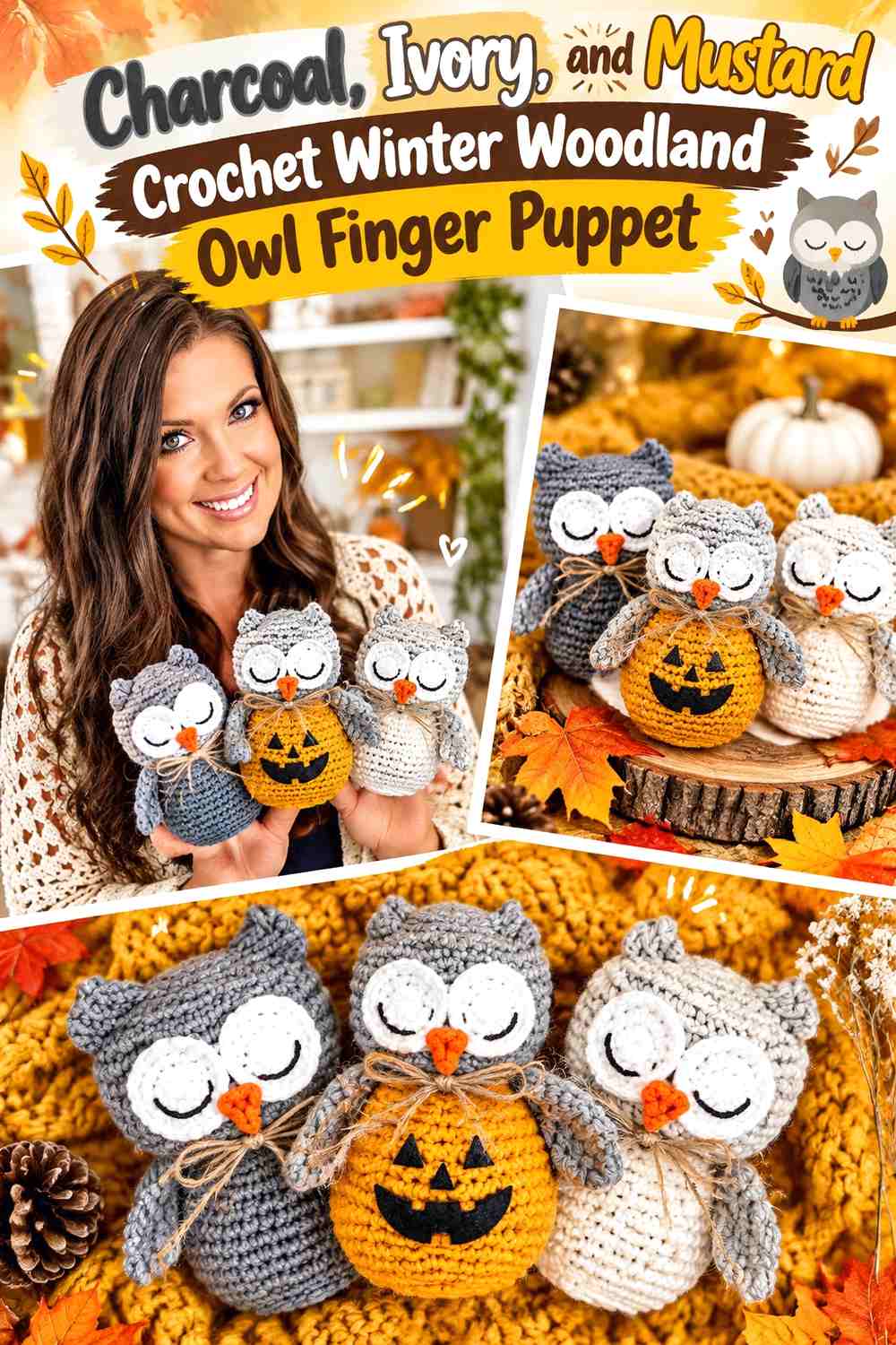 Charcoal, Ivory, and Mustard Crochet Winter Woodland Owl Finger Puppet