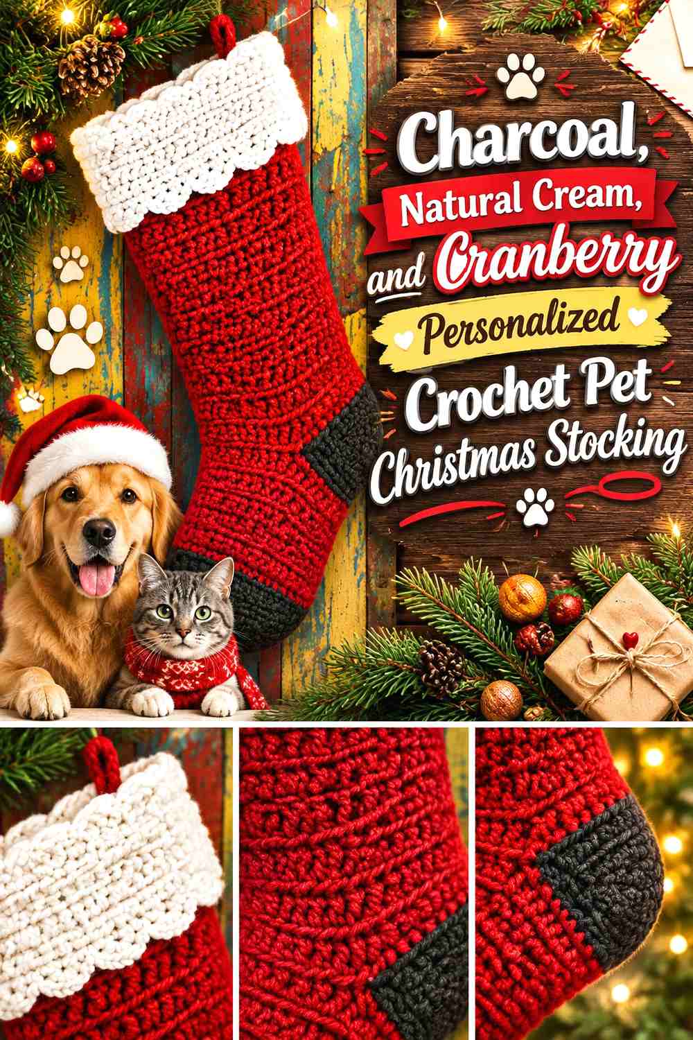 Charcoal, Natural Cream, and Cranberry Personalized Crochet Pet Christmas Stocking