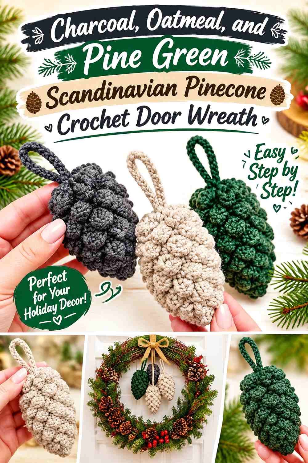 Charcoal, Oatmeal, and Pine Green Scandinavian Pinecone Crochet Door Wreath