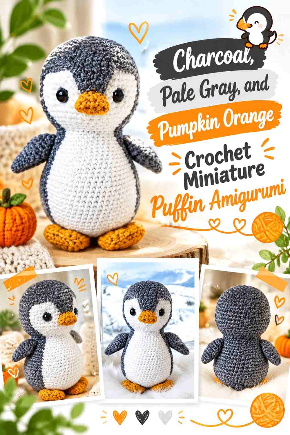 Charcoal, Pale Gray, and Pumpkin Orange Crochet Miniature Puffin Amigurumi