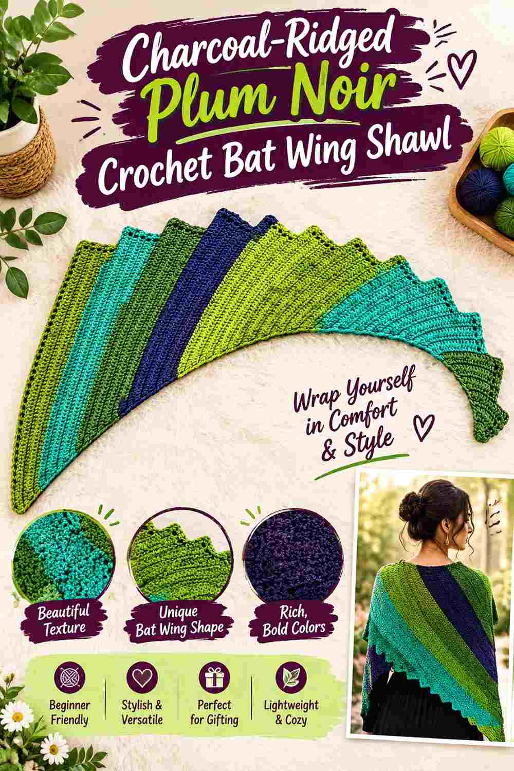3. Charcoal Ridged Plum Noir Crochet Bat Wing Shawl