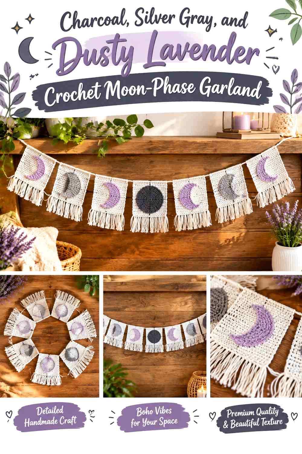 Charcoal, Silver Gray, and Dusty Lavender Crochet Moon-Phase Garland