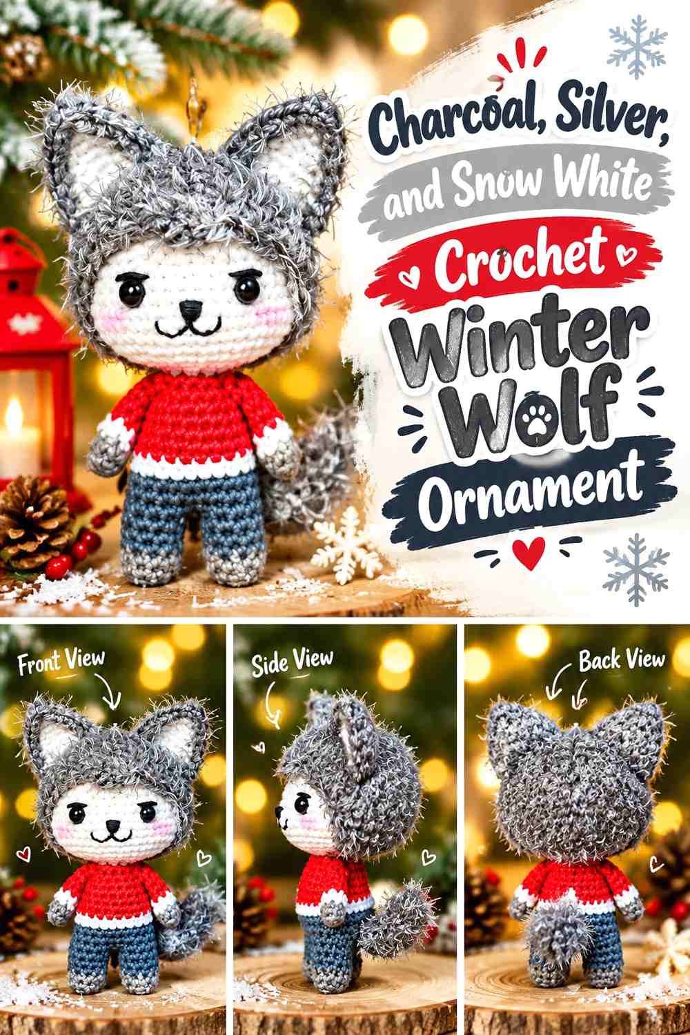 Charcoal, Silver, and Snow White Crochet Winter Wolf Ornament