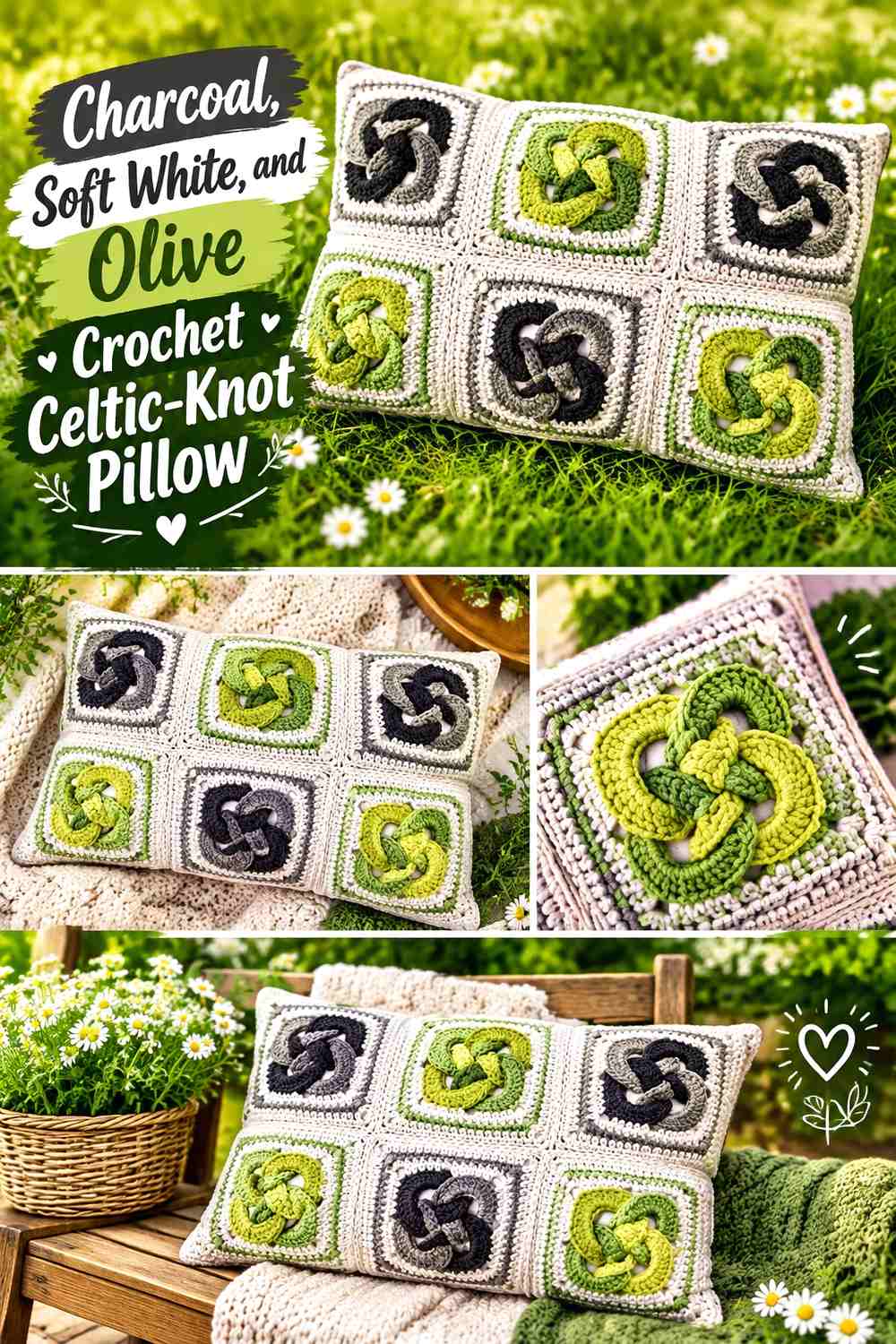 Charcoal, Soft White, and Olive Crochet Celtic-Knot Pillow