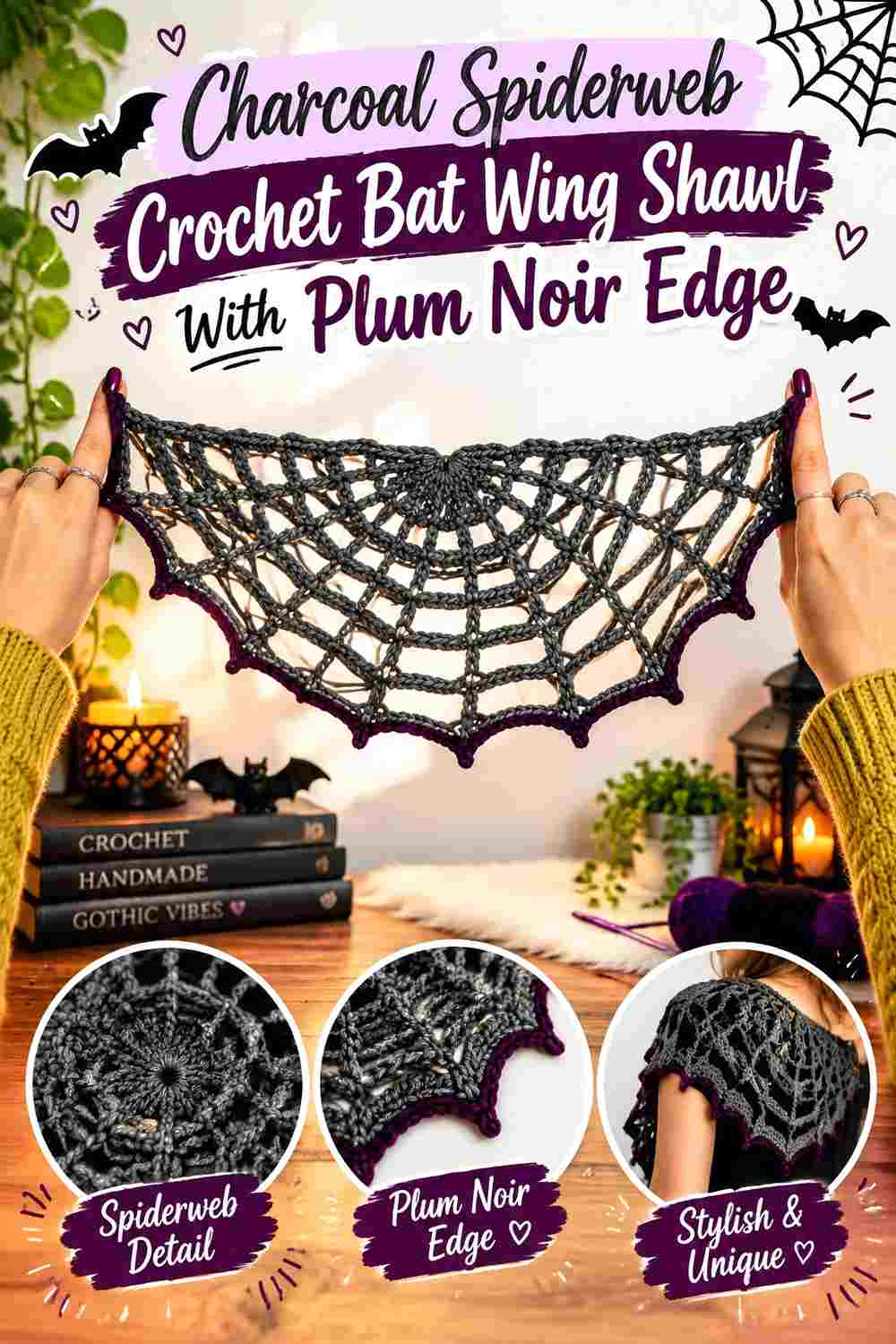 5. Charcoal Spiderweb Crochet Bat Wing Shawl With Plum Noir Edge