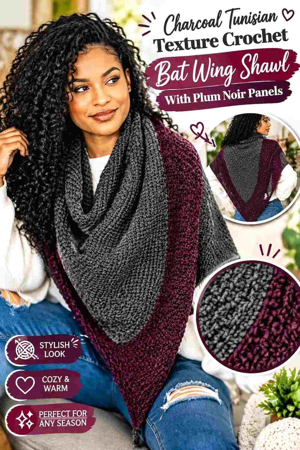 16. Charcoal Tunisian Texture Crochet Bat Wing Shawl With Plum Noir Panels