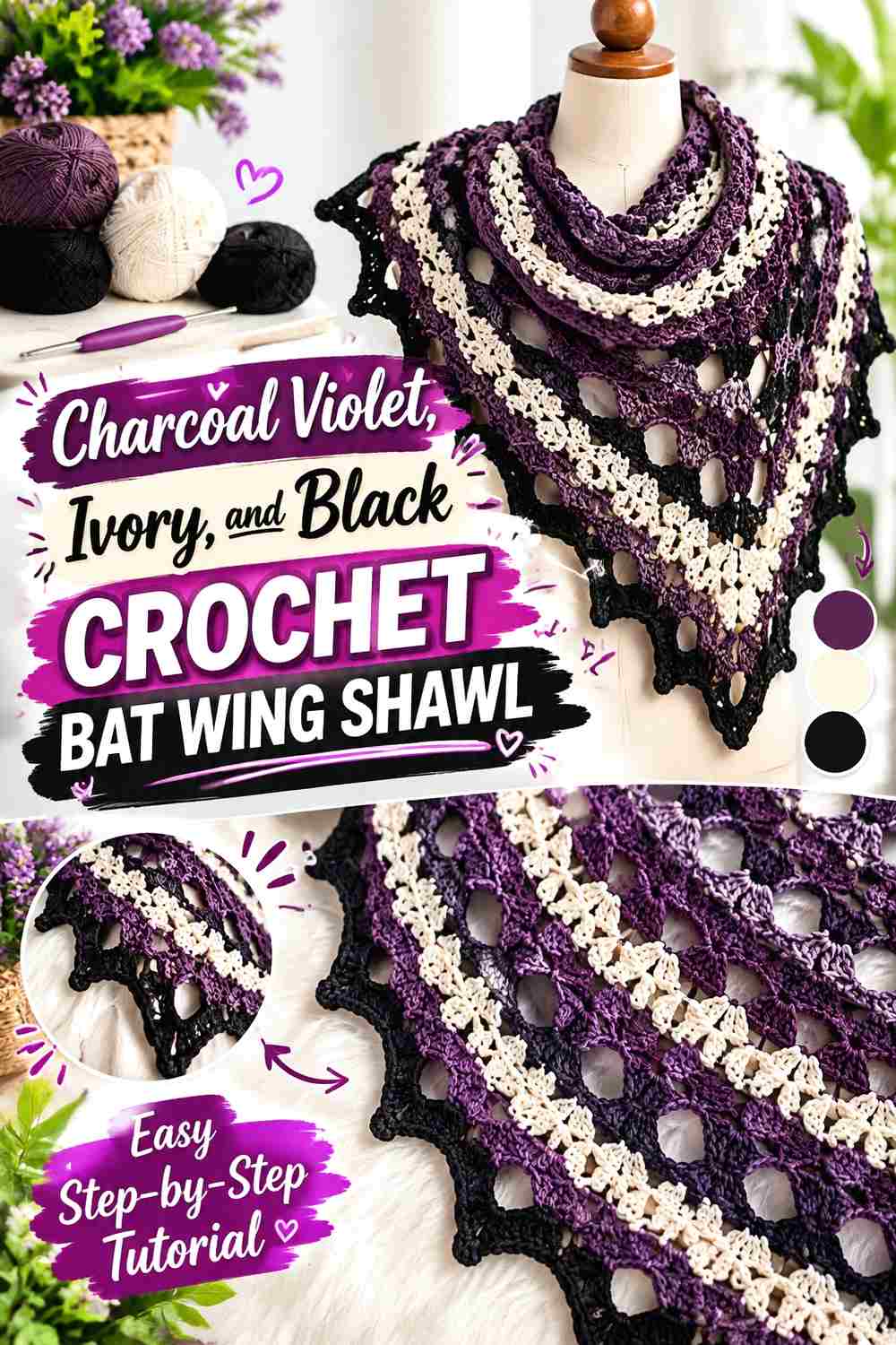 15. Charcoal Violet Ivory And Black Crochet Bat Wing Shawl